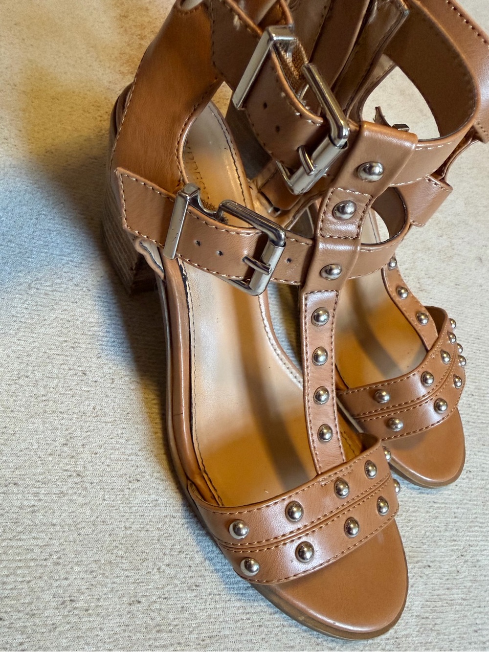 Express Studded Camel Leather Block Heel Sandals